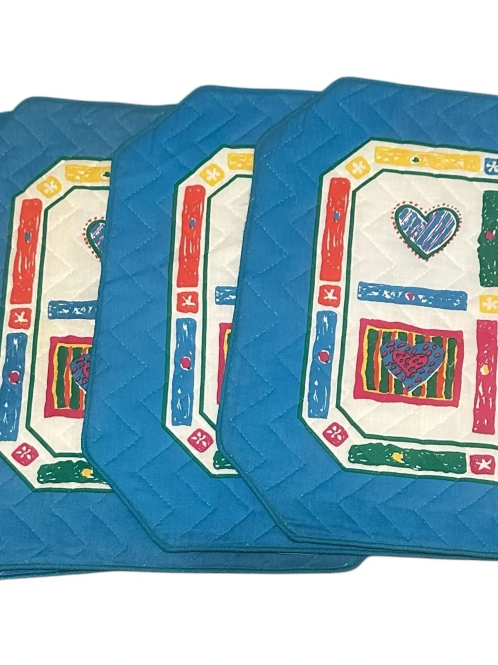 4 Vtg Quilted Patchwork Placemats Multi Color Hearts Blue Border 1990s READ